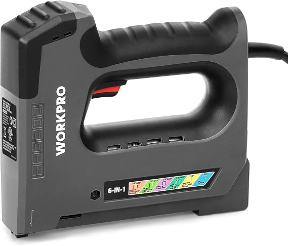 WORKPRO 6 in 1 Staple Gun, Electric Stapler Tacker, 110V Corded Brad Nailer for DIY Project of Woodworking, Staples Excluded