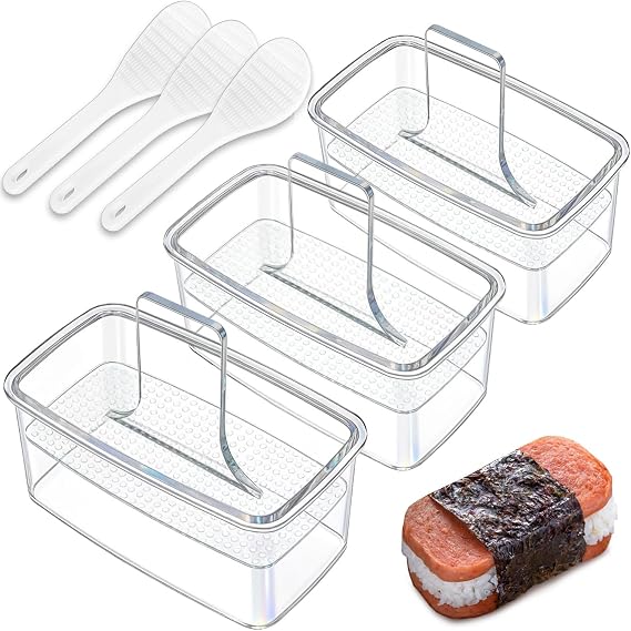 3PCS Clear Musubi Press Mold, Non-Stick Musubi Maker, BPA-Free Onigiri Mold Sushi Press for Hawaiian Musubi Home DIY (with 3 Rice Ladles)