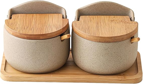 Rustic Artisan Salt Container, 2 x Ceramic Salt Containers with Wooden Spoon and Lid, Salt Holder for Counter, Box, Restaurant Household Salt and Sugar Bowl Set, approx. 22.8 x 10.8 x 9.5 cm