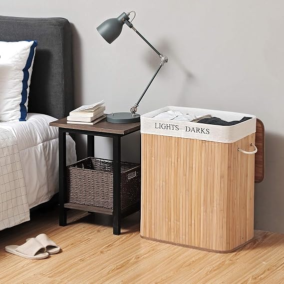 AEE® Double Compartment Bamboo Foldable Laundry Basket,100 L Laundry Separator, Foldable Laundry Basket with Removable Laundry Bag, Rectangular Laundry Box, 52 X 63 X 32 Cm, Natural Color