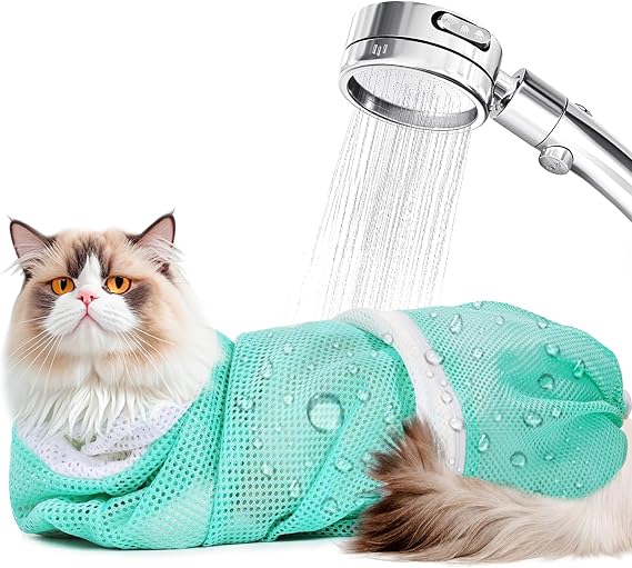 Cat Bag for Bath Adjustable Breathable Mesh Pet Restraint Bag for Bath Nail Trim Medicine and Vet Visits Escape Proof Wash Bag Green