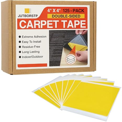 Carpet Tile Tape Double Sided 4" x 4", 125 Tabs Per Pack, Adhesive Connectors for Hardwood Floors, Stair Treads, Tile Floors
