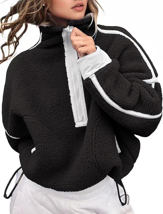 Kumufenc Women's Fleece Sweatshirts Half Zip Pullover Long Sleeve Oversized Workout Crop Tops Hoodie With Pocket