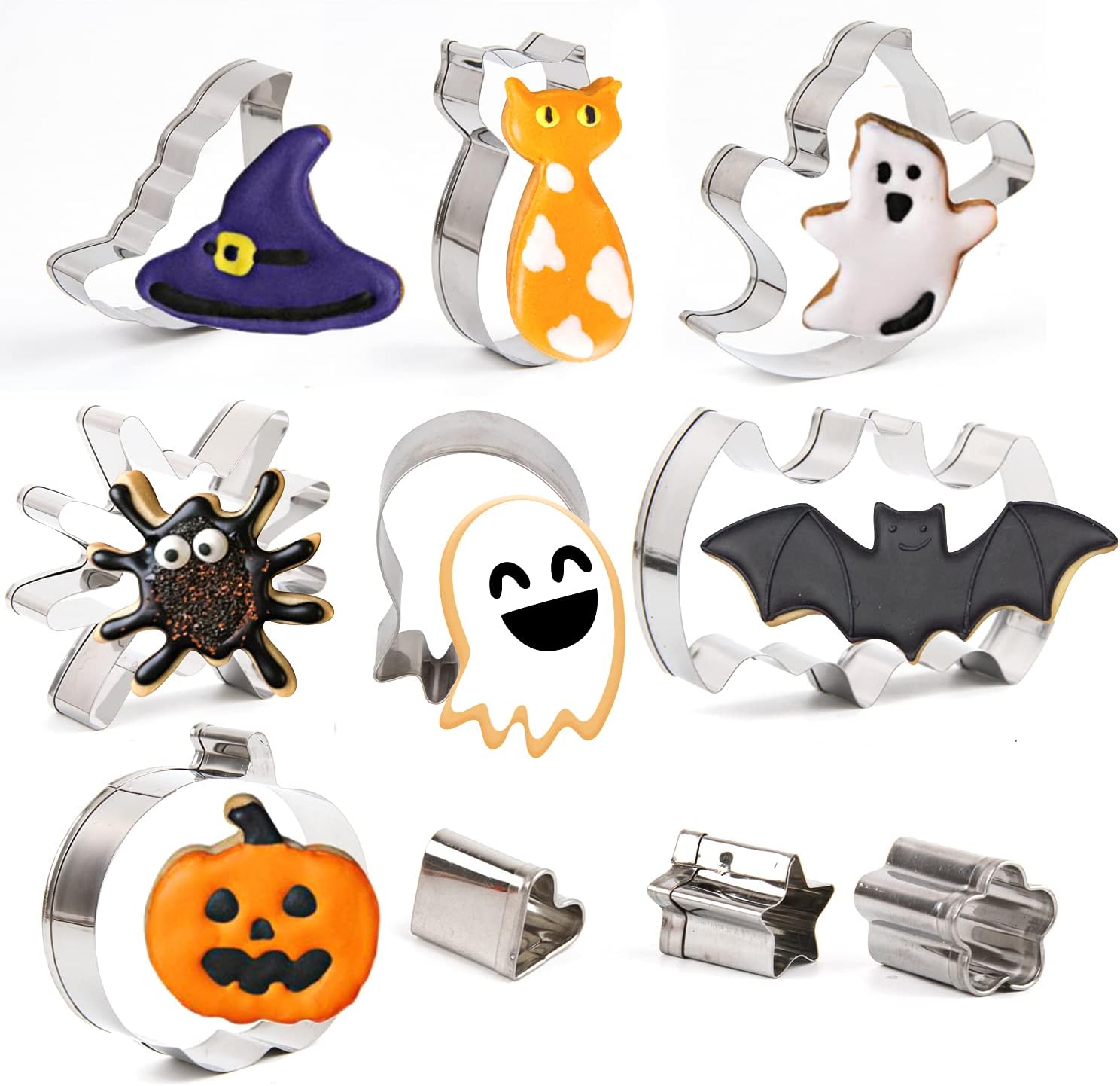 CCINEE 10 Pcs Halloween Cookie Cutter Set, Bat Pumpkin Cat Ghost Stainless Steel Biscuit Cutter Cake Molds for Halloween Party Home Kitchen Supplies