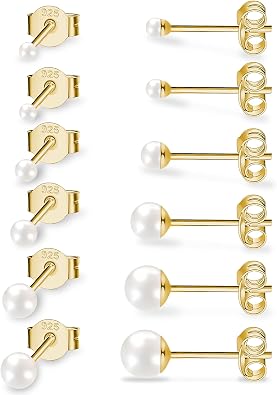 BLISI 6pairs Pearl Earrings Stud with 925 Stering Silver Post Small Midium and Big Pearl Stud Earrings Set for Women Sensitive Ears(3mm4mm5mm6mm8mm10mm) (Silver), Ideal Gifts for Mom