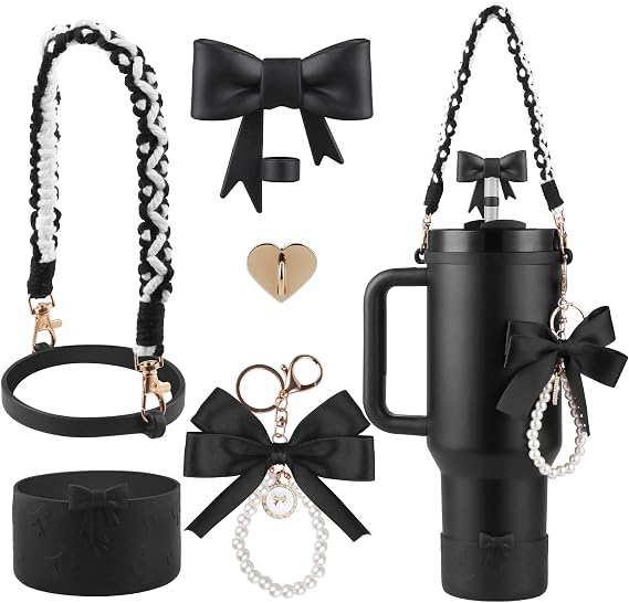 Black Accessories Set for Stanley Cup,Water Bottle Handle Strap, Siliocne Boot, Bow Straw Cover, Pearl Charms, Straw Topper for 40oz & 30oz Tumbler for Women