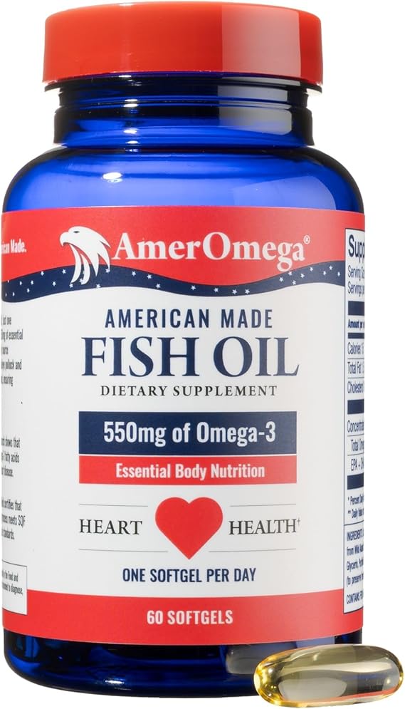AmerOmega Omega-3 Fish Oil 550mg, 60 Servings Wild Caught Alaska Pollock, Triglyceride Form, Affordable Heart, Brain & Joint Support, 3rd Party Tested, Easy-to-Swallow, No Fishy Burps. Made in USA.