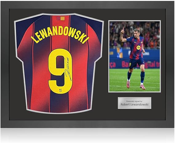 Robert Lewandowski Signed Barcelona 2025-26 Home Soccer Jersey. Icon Frame