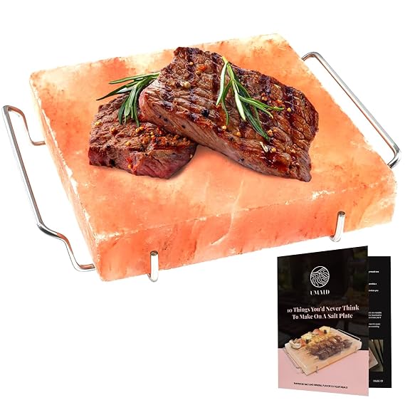 UMAID Himalayan Salt Block Cooking Plate 8x8x1.5 Food Grade Pink Himalayan Salt Stone for Cooking, Salt Block for Grilling, Serving & Food Presentation Includes Stainless Steel Tray & Recipe Booklet Unique Gifts for Men & Women