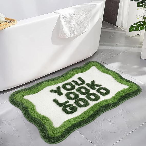 HAOCOO Green Irregular Shaped Soft Non Slip Absorbent Washable Bath Mat for Bathroom, Sink, Tub, Shower