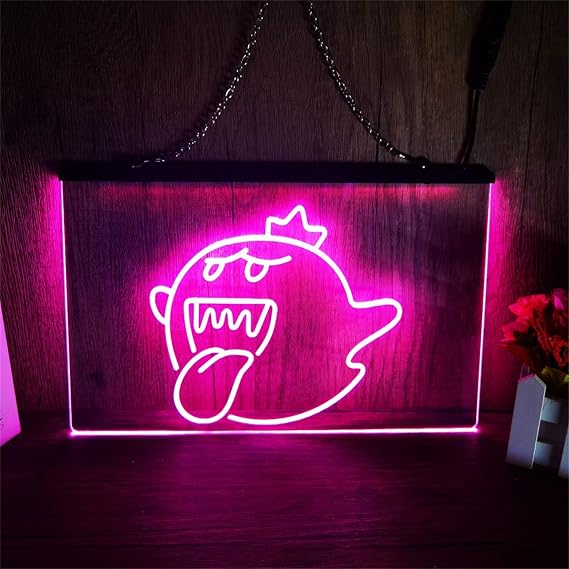 The Ghost Face Decoration Neon Sign King Boo The Ghost Face LED Neon Sign Game Hall E-sports Venue Bar Hotel Cafe Ambience Decoration Home Decoration Bedroom Wall With Chain,C,11.8"x7.9" [Energy Class A]