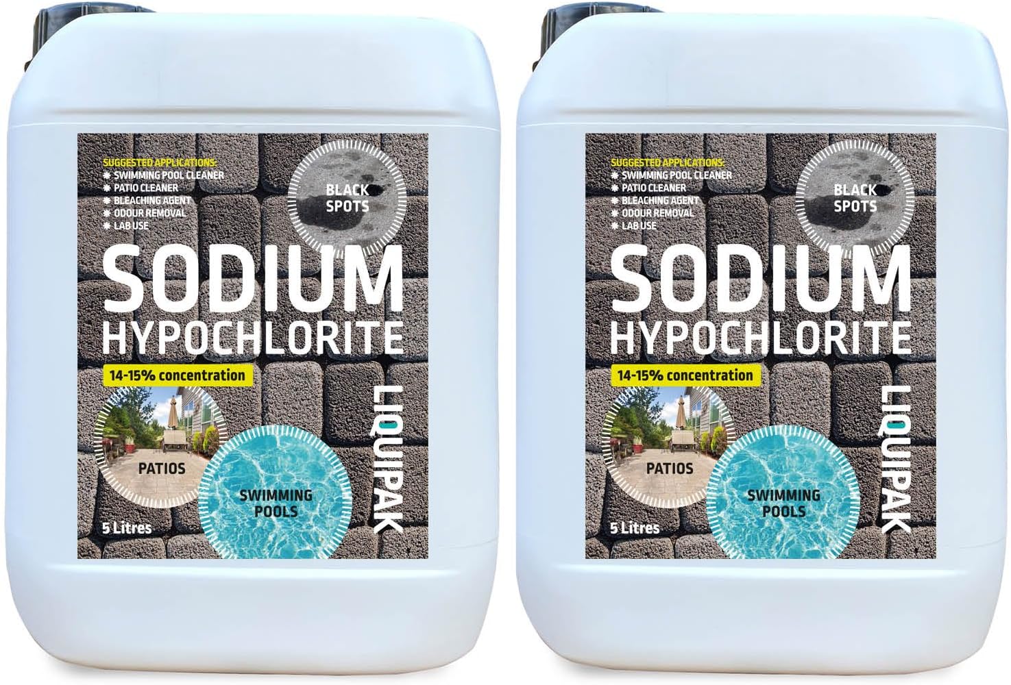Liquipak Sodium Hypochlorite 10 Litres Patio Cleaner 2x5L | Extra Strong 14-15% Concentration | Swimming Pool Liquid Chlorine & Black Spot Remover | Bleach Solution