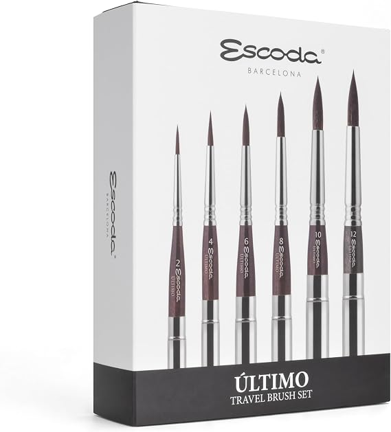 Escoda 1526 Ultimo Series Artist Watercolor Travel 6 Brush Set in Black Synthetic Leather Wallet, Synthetic Squirrel
