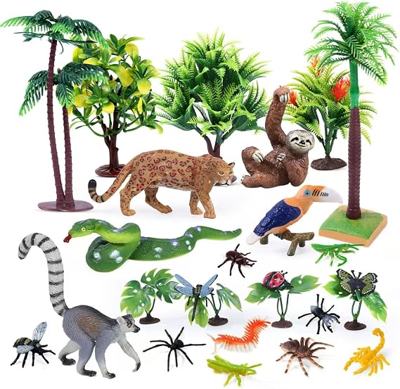 26Pcs Rainforest Animals Figures, Realistic Jungle Toys Set for Kid | Rainforest Diorama Supplies for school project, birthday gifts, cake toppers, sensory play, party favors, Non-Toxic