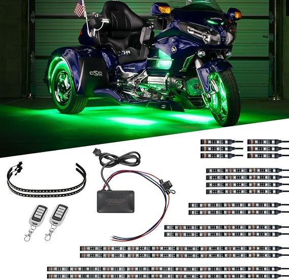 LEDGlow 20pc LiteTrike Advanced Million Color LED Kit with Wheel Well Lights for Trike Motorcycles - 15 Solid Colors - 6 Patterns - Flexible Multi-Color Strips - Waterproof Control Box & Remotes