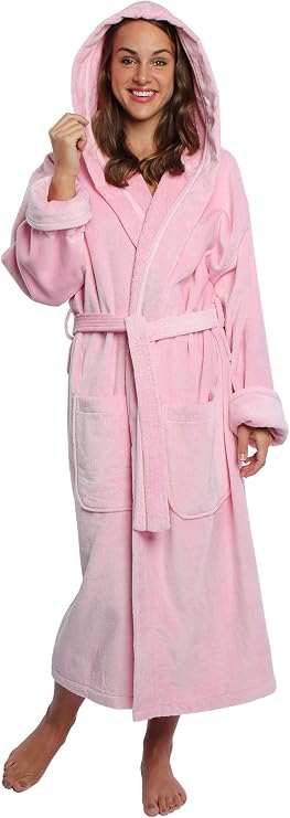 TurkishTowels Luxurious Women's Hooded Terry Velour Plush Bathrobe