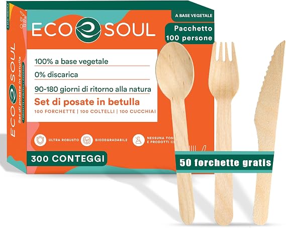 ECO SOUL Wooden Cutlery Set, (350 Pack, Forks, Spoons & Knives)
