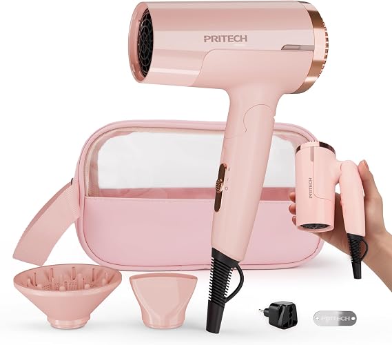 PRITECH 1250W Dual Voltage Travel Hair Dryer with Diffuser,Foldable