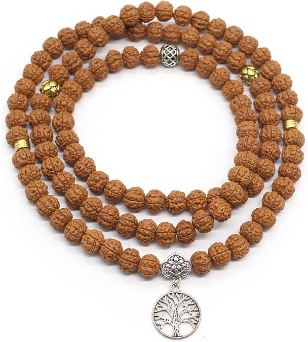 Authentic 5 Mukhi Rudraksha Mala - 108 Beads Spiritual Necklace with Tree of Life Pendant (10mm) - Yoga Meditation Jewelry for Men & Women - All-Natural Beads Chemical-Gift Box