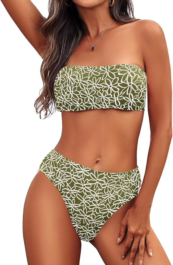 Zuvebamyo Women Strapless Bandeau High Waisted Bikini Set
