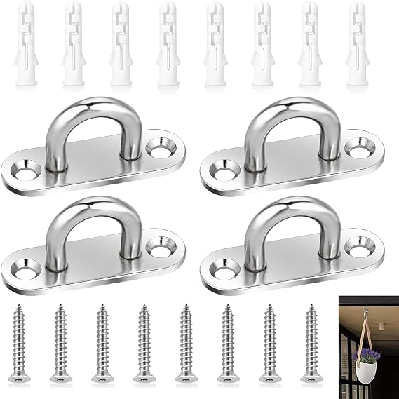 Stainless Steel Eye Plate Hooks 4P, Heavy Duty D Rings for Ceiling