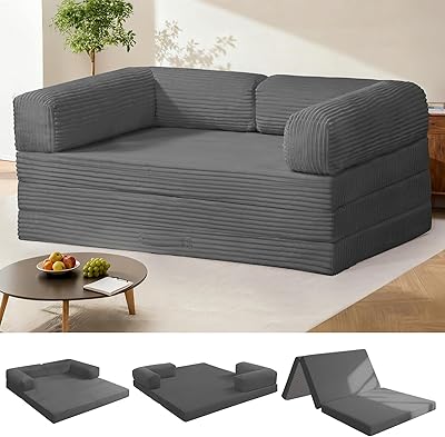 Tri-Fold Foldable Mattress, Convertible Folding Sofa Bed with Removable Arms & Washable Cover, All-in-One Portable Mattress Floor Sofa Bed, No Assembly Required & Non-Slip, Queen Size, Grey