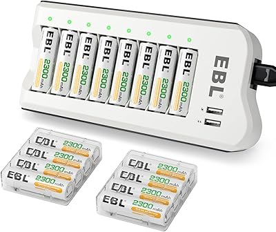 EBL 2300mAh Ni-MH AA Rechargeable Batteries 16 Pack and Rechargeable AA AAA Battery Charger with 2 USB Charging Ports