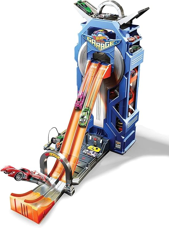 Hot Wheels MEGA Garage Play Set, Vertical Parking Tower for 35 Cars, 2-Lane Drop Track, Fueling Station, Connects to Other Sets, GWT34 -