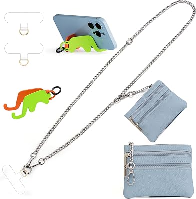 Clip and Go Strap for Phone Silver Metal Chain with Blue Pouch Wallet Crossbody Phone Lanyard for Women with Cell Phone Stand Holder 2 Patches Tether Adjustable Anti Theft for iPhone 16 15 All Phones