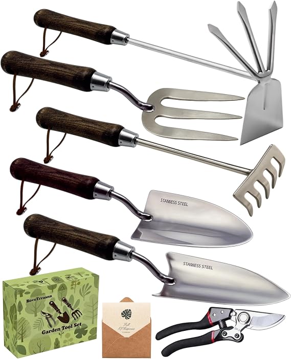 Garden Tool Set, 6PCS Heavy Duty Stainless Steel Gardening Hand Tools with Ropes, Includes Hand Cultivator Shovel Trowel Transplanter 2-in-1 Hoe Pruner Ideal Gardening Gifts for Women Men (Upgrade)
