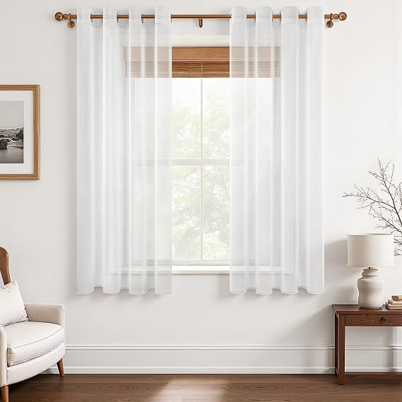 MRTREES White Sheer Curtains 63 Inch Length, Semi Sheer Curtains Linen Look with Eyelet, Soft and Lightweight for Bedroom Living Room, 2 Panels 132x160 CM 52x63 Inch White