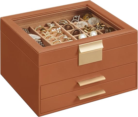SONGMICS GISELLA Collection - Jewellery Box with Glass Lid, 3-Layer Jewellery Storage Organiser with 2 Drawers, Modern, Gift Idea, Caramel Brown and Gold, 20.3 x 23.1 x 13.5 cm JBC239K01