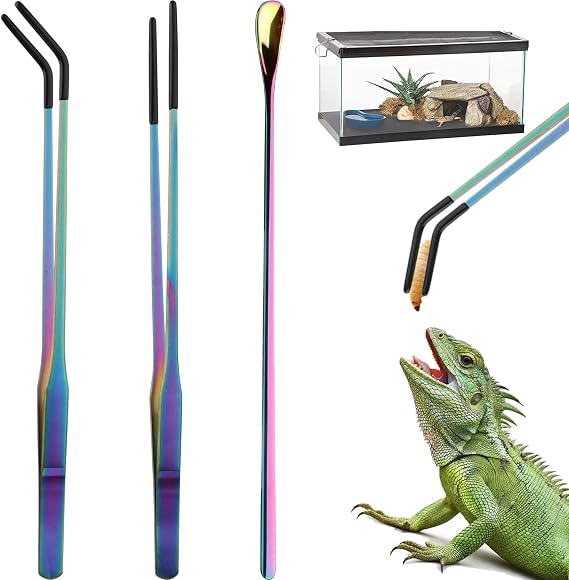 3PCS 10.6" Straight & Curved Reptile Feeding Tongs Set with Spoon