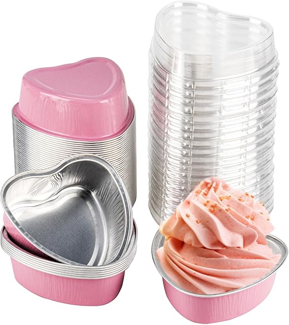 Mini Heart Shaped Cake Pans for Baking with Lids, 3.4 Ounce 50 Sets