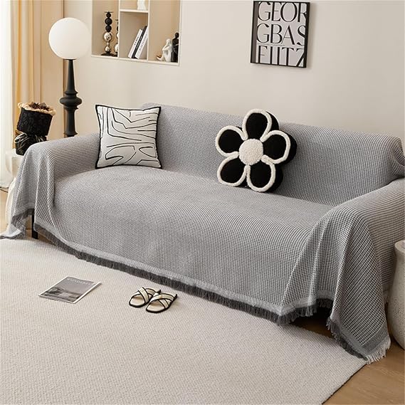 Waffle Sofa Throws Large 1 2 3 4 Seater Sofa Blankets, Modern Simple Solid Colour Living Room Armchair Blanket Extra Large Non-slip Bedroom Bed Cotton Throw (Grey,90x90cm)