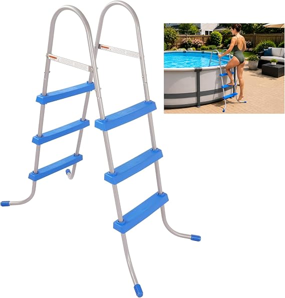 KUAFU 36 Inch Swimming Pool Ladder Above Ground 52In High W/ 3 Plastic | Removable Steps Non-Slip Heavy Duty Steel Blue