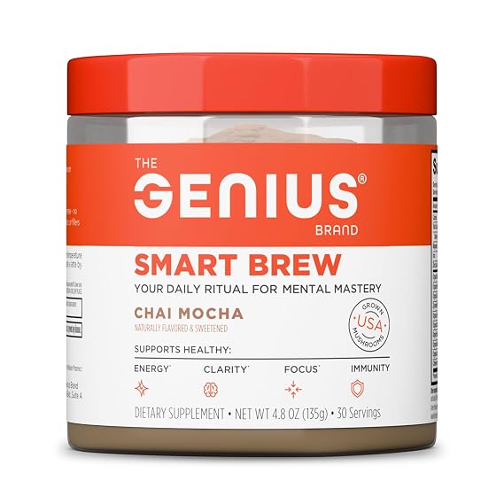 The Genius Brand Smart Brew Chai MochaNootropic Mushroom Coffee Alternative with Natural Caffeine, Lions Mane, Reishi, Cordyceps, Maca & TurmericClean Energy, Focus & Stress Support30 Servings