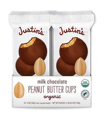 Justins Organic Milk Chocolate Peanut Butter Cups, Rainforest Alliance Certified Cocoa, Gluten-free, Responsibly Sourced, 12 Pack 2 cups each