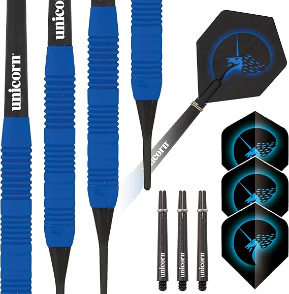 Unicorn Soft Tip Darts Set, Core Plus, Soft Touch Smooth Rubberised Brass Barrels, 16 g, 17 g, 18 g or 19 g