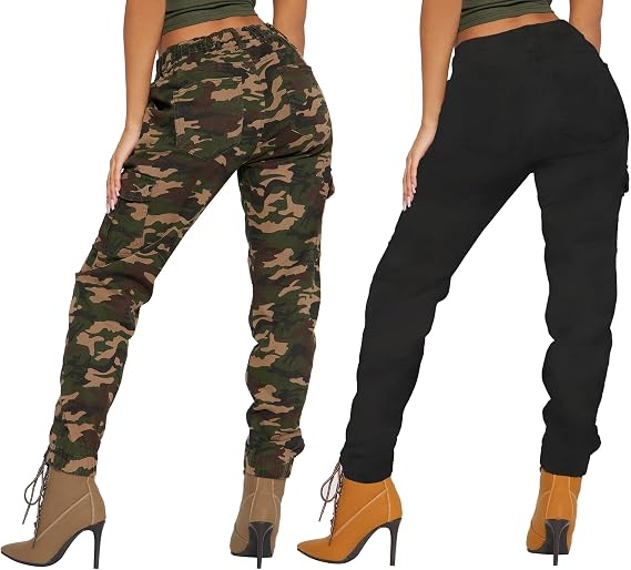 BWN Women's Camo Cargo Jogger Pants Slim Fit Army High Waisted Joggers Fatigue Elastic Waistband Tapered Camouflage Trouser