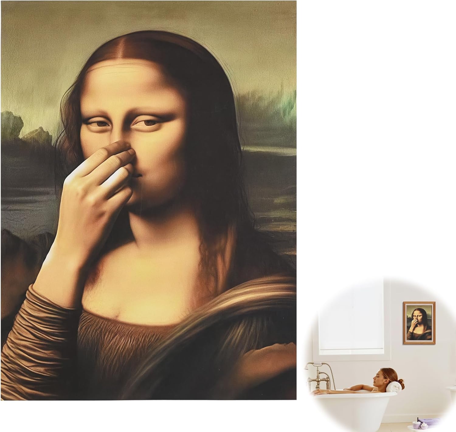 BRTNUP Funny Mona Lisa Bathroom Wall Art, Humorous Mona Lisa Bathroom Pictures Novelty Mona Lisas Holding Her Nose Painting for Home Decor Funny Wall Art for Bathroom Restaurant Bar Decor (A, 30x40cm)