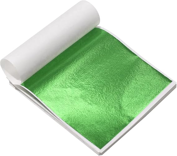 KIRIN 50Pcs Green Gold Leaf Sheets, 3.54x3.54 Inches Foil Sheets for Crafts, Sculptures, Furniture, Art Decorations, Gilding, Nails & Paintings