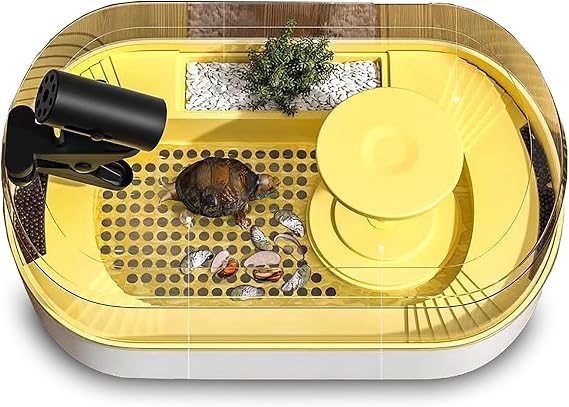 Turtle Tank Aquarium Kit, Small Turtle Habitat Tank with Anti-Escape Design and Basking Platform, Bottom Drainage Facility and Easy Cleaning, Sturdy PP Material, for Tortoises, Amphibians