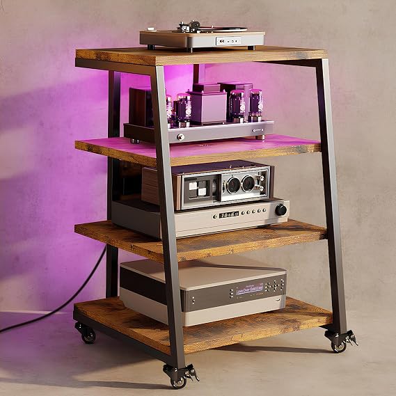 HIFI Stand with Power Strips, Adjustable Shelf, LED Lights, Wheels