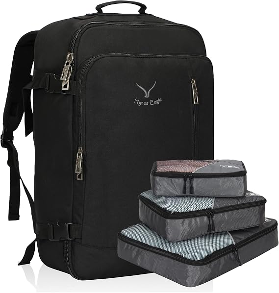 Hynes Eagle Carry on Backpack 38L Large Travel Backpack for Women Flight Approved Weekender Bag Laptop Backpack Men 15 inches Black with 3PCS Packing Cubes Set Grey