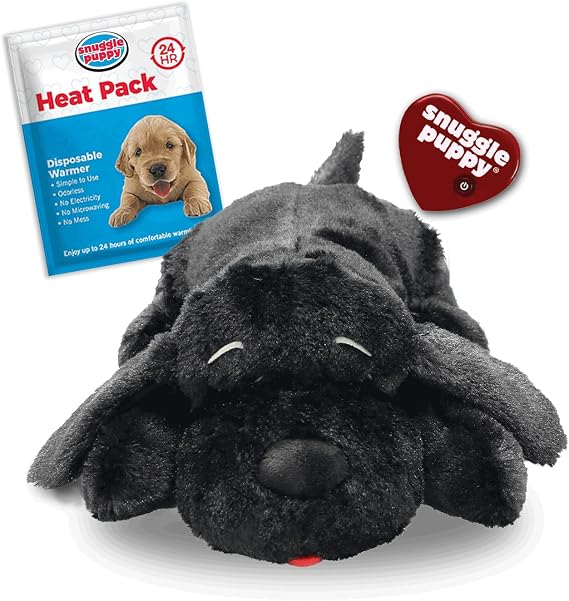 Snuggle Puppy Heartbeat Dog Toy for Puppies, Real-Feel Heartbeat, Calming Sleep Aid and Crate Training Comfort Toy with Heat Pack, Black Plush Design