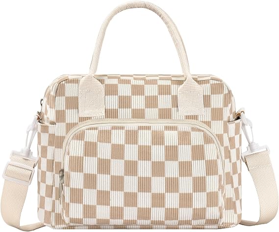 Lunch Bag Women Lunch Box for Women Adult Cute Insulated Lunch Bag Lager Cooler Lunch Tote Bags for Work Picnic (Beige-Brown Plaid)