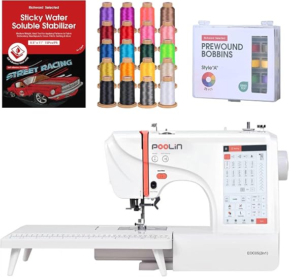 Poolin EOC05 2-in-1 Sewing & Embroidery Machine Bundle with Thread, Pre Wound Bobbins and Water-Soluble Stabilizers