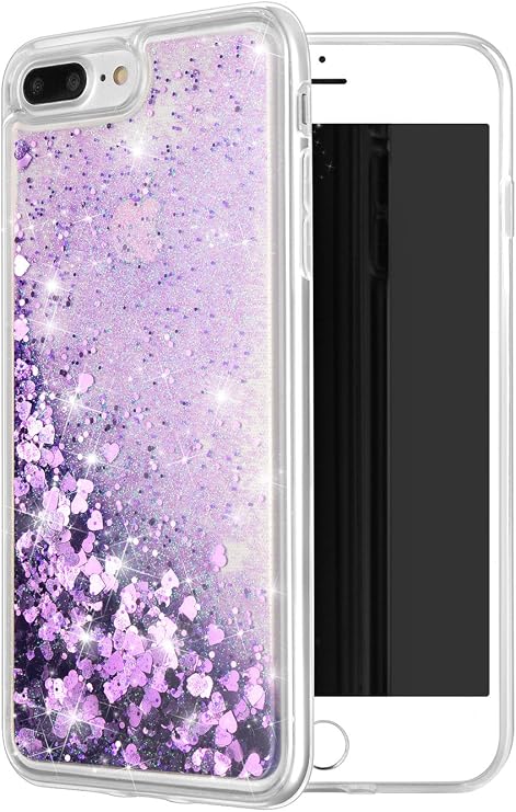for iPhone 7 Plus Case Glitter, for iPhone 8 Plus case, Purple | Sparkle heart,funny,Bling,TPU clear cover,liquid moving waterfall