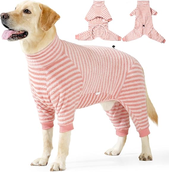 HDKUW Dog Surgery Recovery Suit for Large Medium Dogs,Stripe Warm Dog Pajamas PJS Full Body for Shedding, Prevent Licking, Wound Protection, Cone Alternative Pink XL